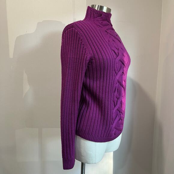 Magaschoni 100% Merino Wool Sweater Cable Knit Fisherman Purple Mock Neck Sz S - Picture 2 of 8